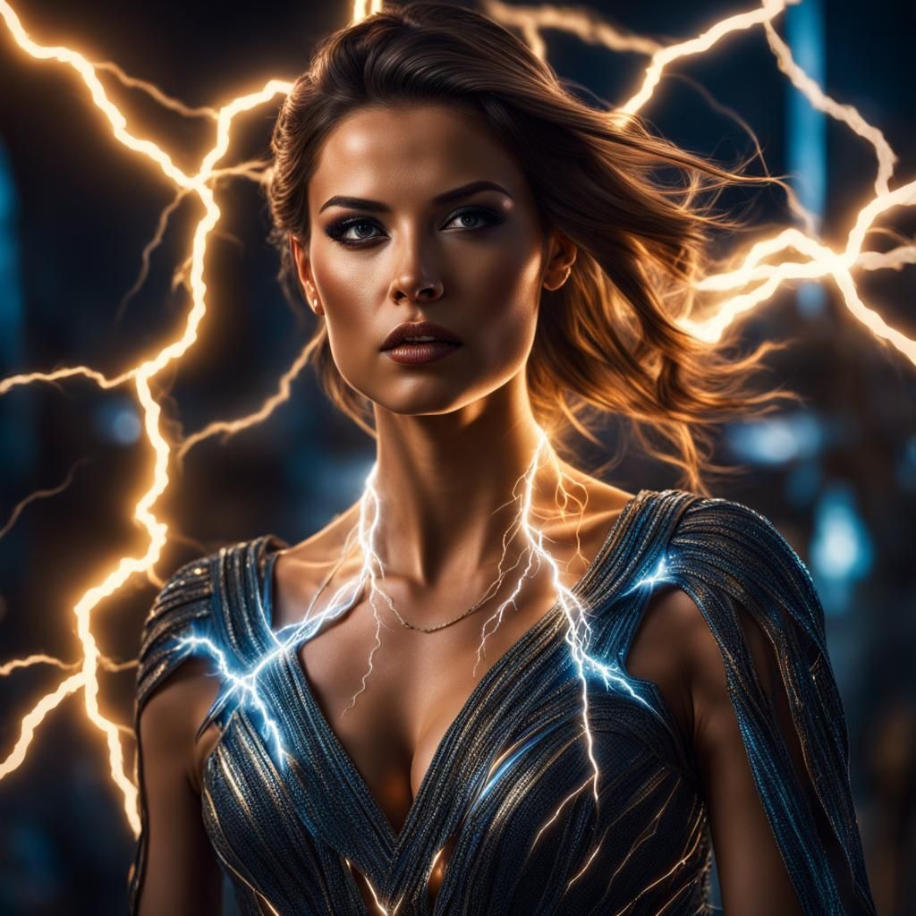 Woman in Lightning Dress: Hyperrealistic Close-Up