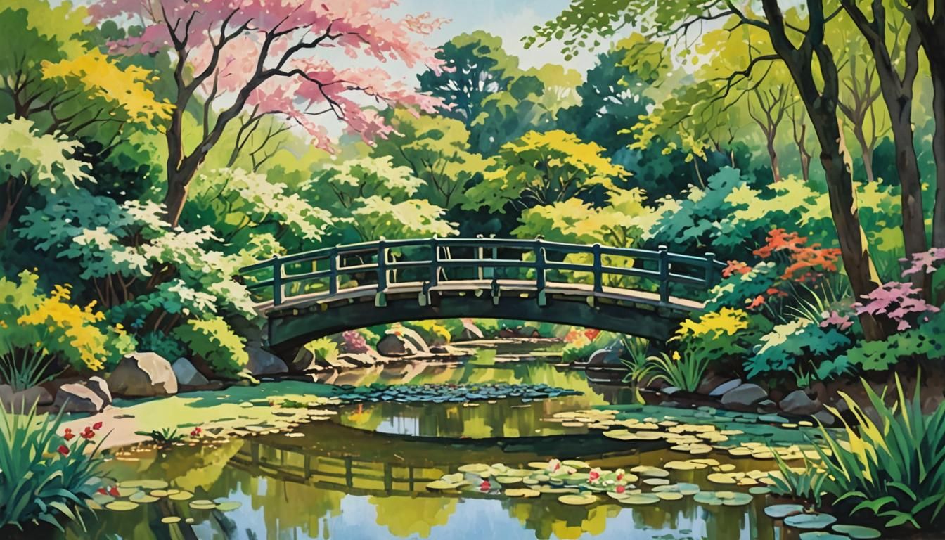 Tokyo Garden with Japanese Bridge: Impressionist Gouache