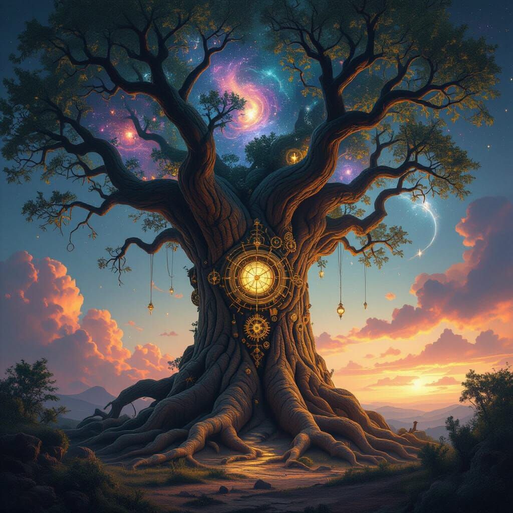 Ancient Tree of Reality in Surreal Cosmic Style