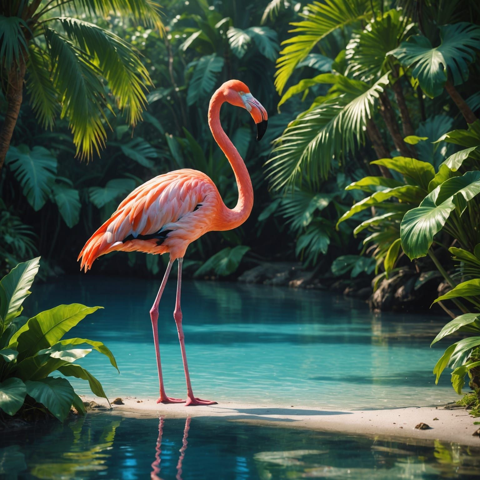 Photorealistic Pink Flamingo in Tropical Lagoon
