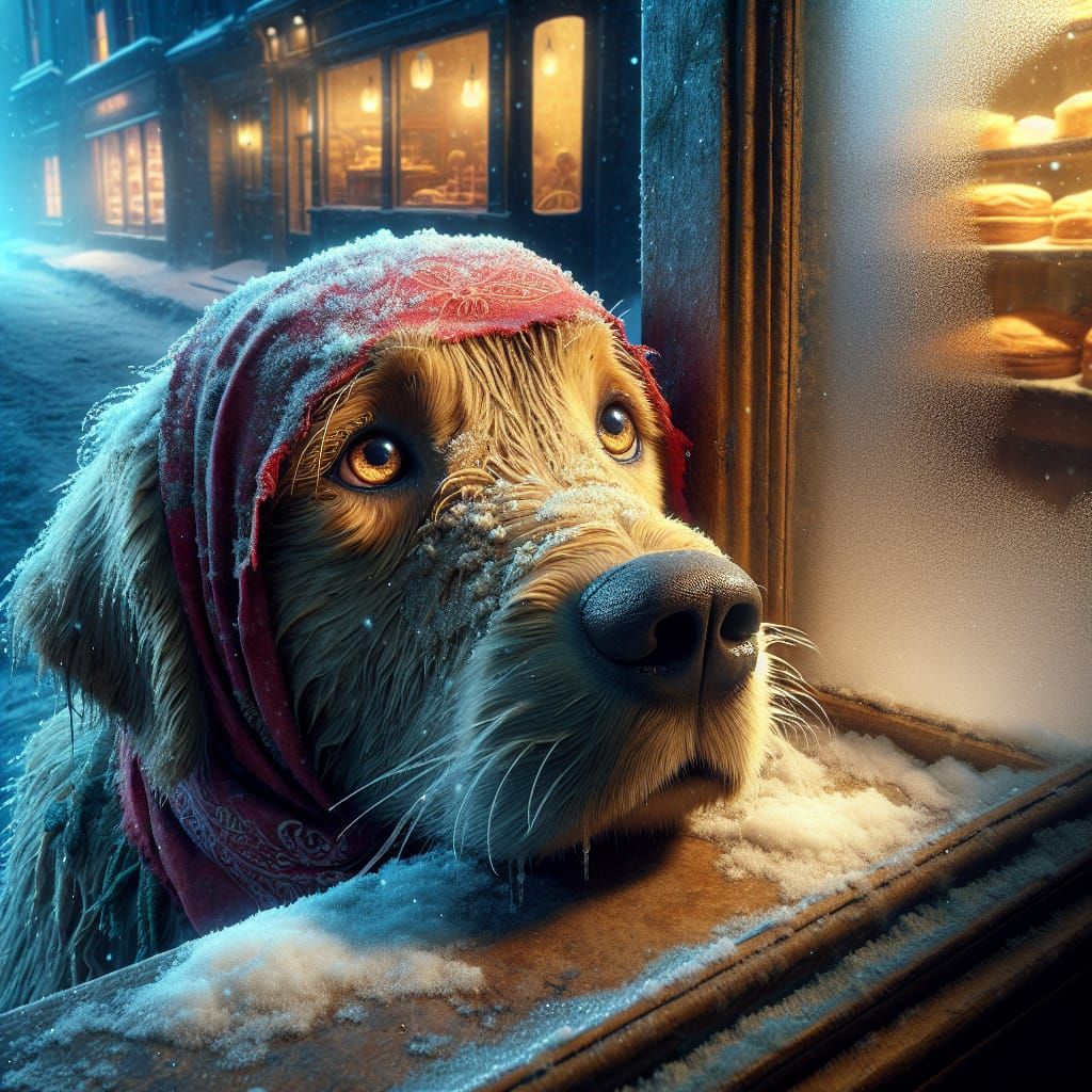 Golden Retriever in Snowy Alley Seeks Warmth at Bakery Windo...