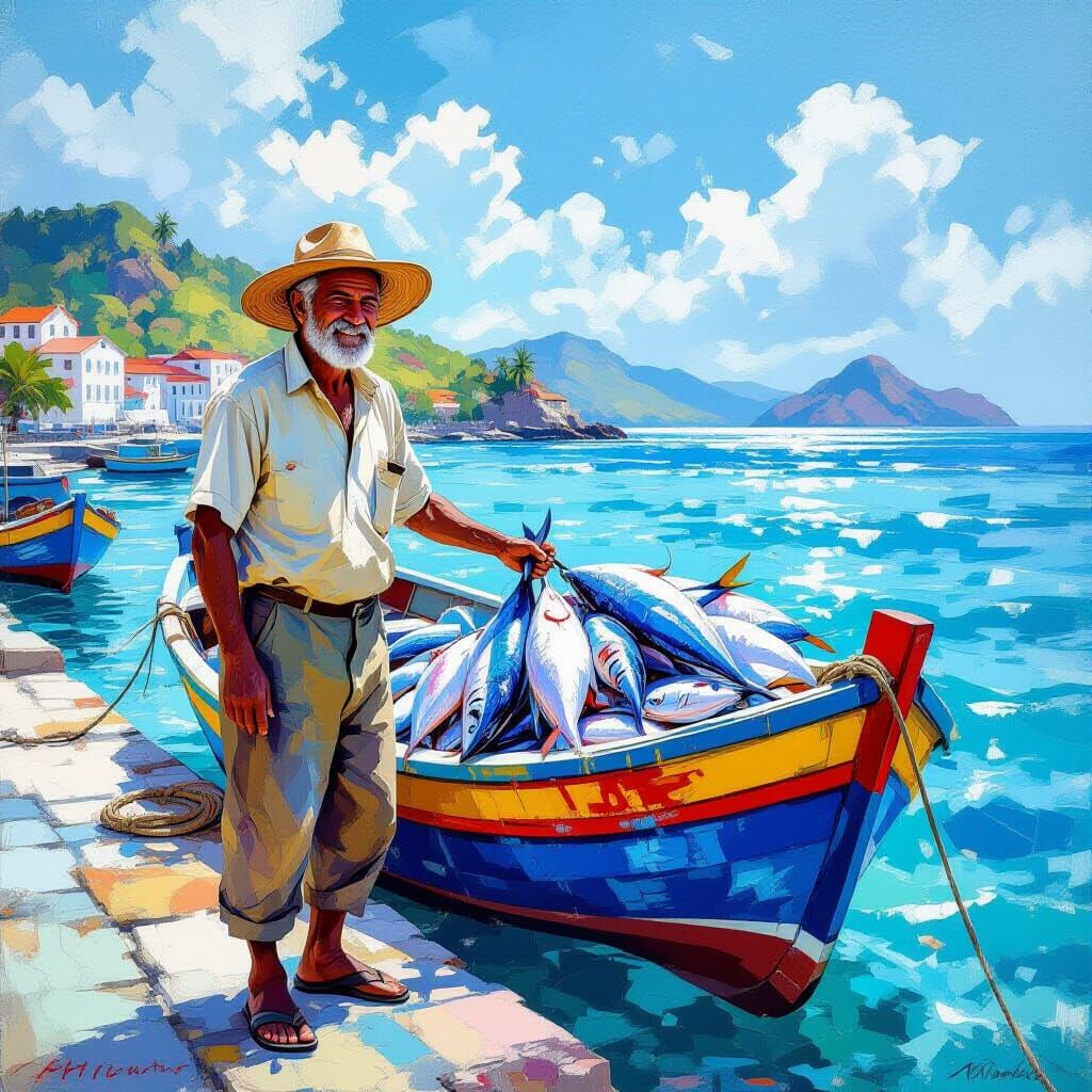 Weathered Fisherman and Colorful Boat in Splash Art Style