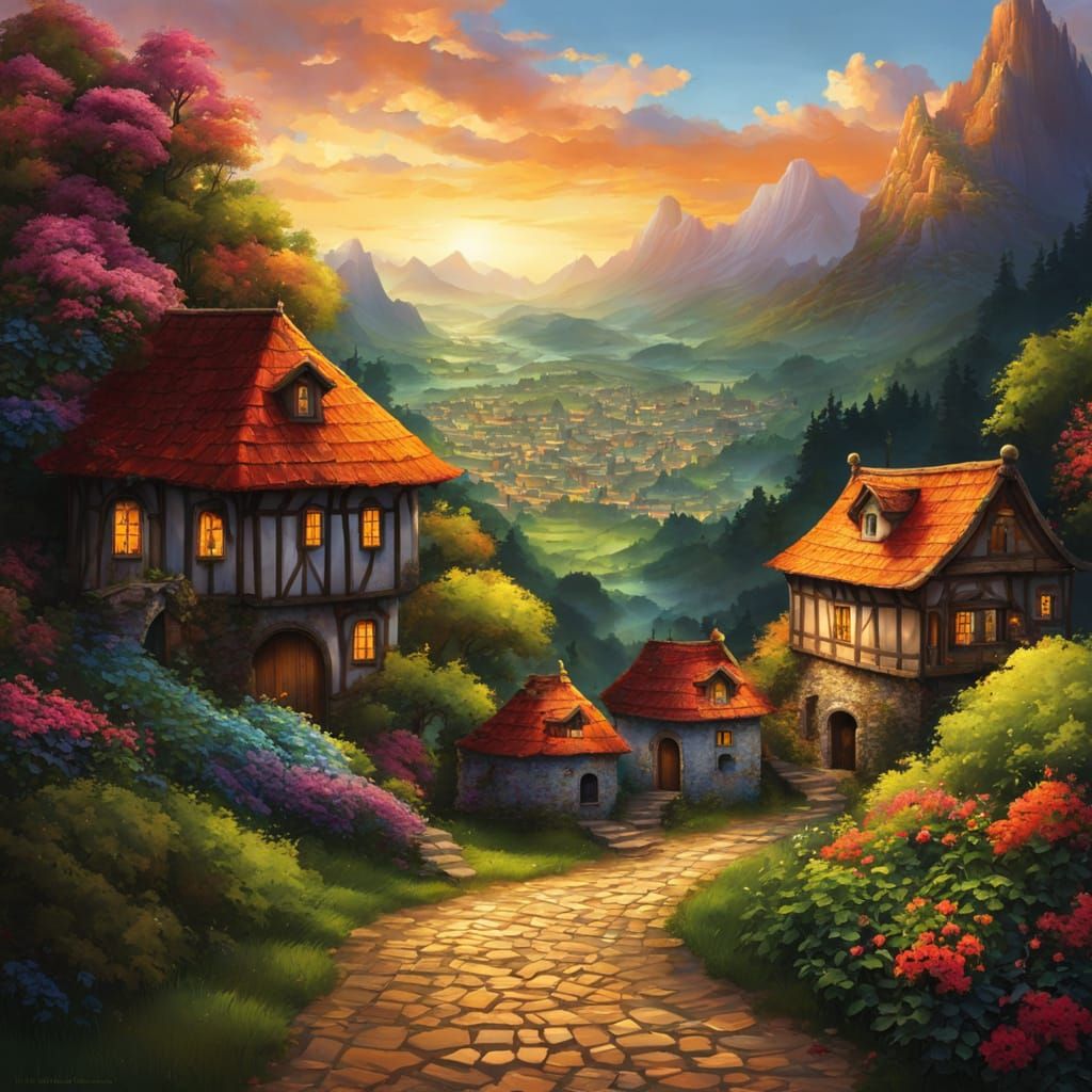 Colorful Cartoon Medieval City in Chiaroscuro