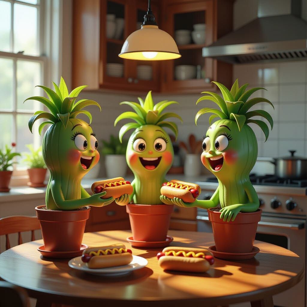 Anthropomorphic Plants Joyfully Eat Hot Dogs