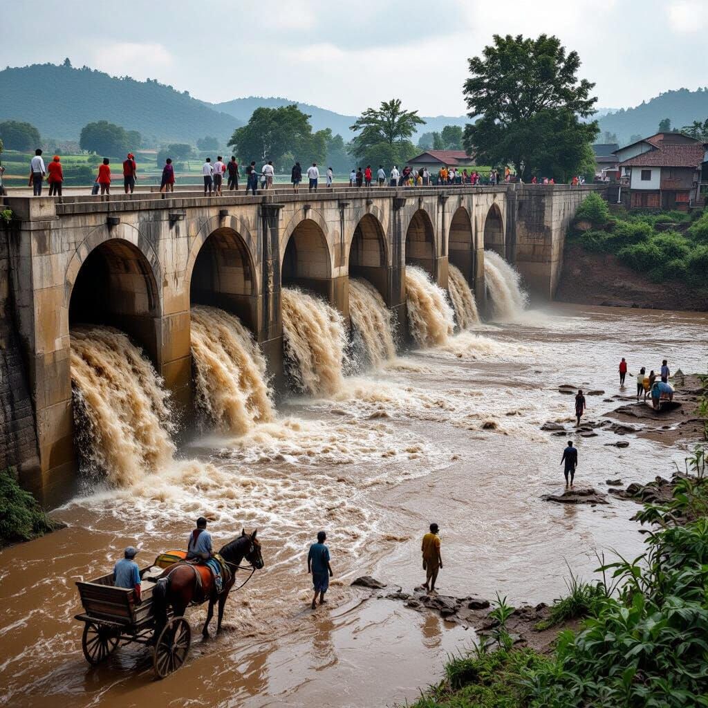 Dam Release Creates Floodwater Splashes, Documentary Photo