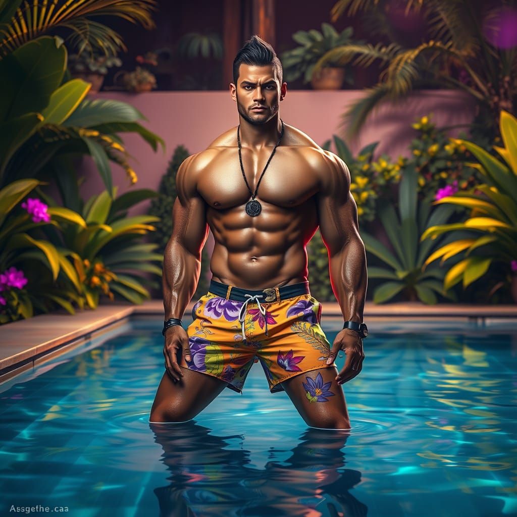 Muscular Figure Posing Poolside in Dark Fantasy Style