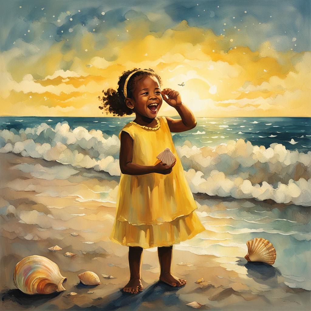 Girl Listening to Seashell by the Ocean