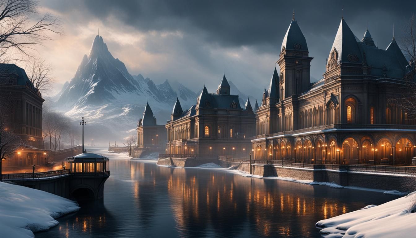 Epic Winter City Riverfront: Digital Matte Painting