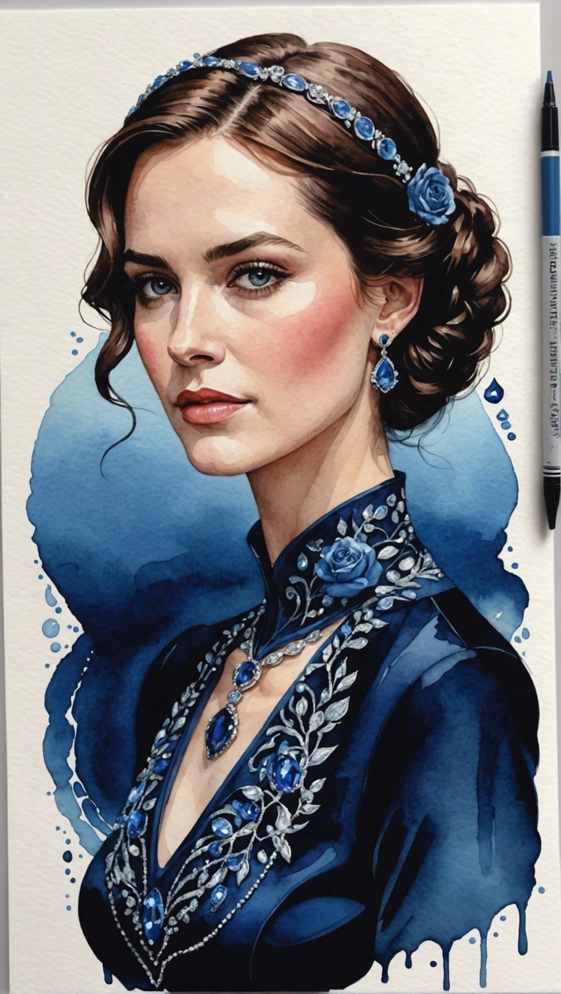 Watercolor Portrait of Rose with Sapphire Necklace