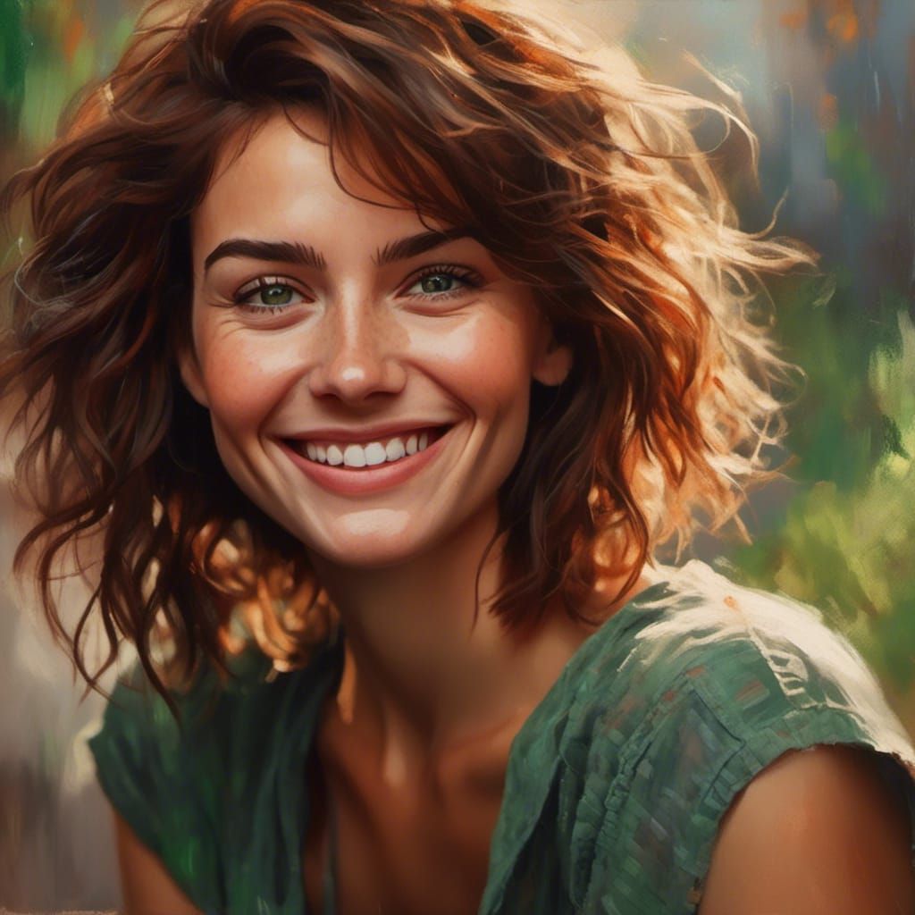 Beautiful Woman with Green Eyes: Oil Painting Portrait
