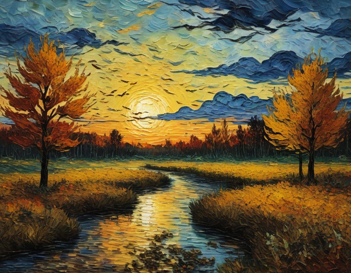 Autumn Sunset Painting in Van Gogh Style