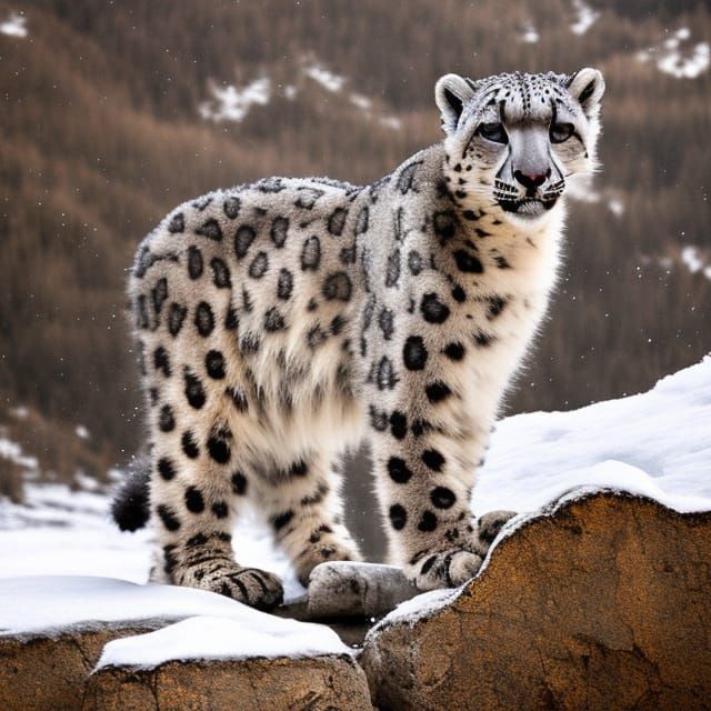 Snow Leopard in Snowy Mountain Panorama