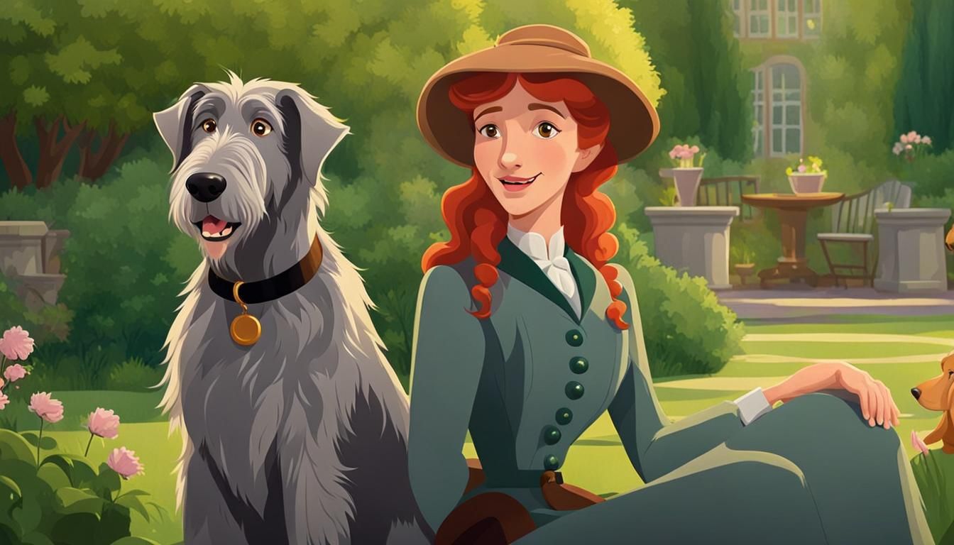 Victorian Woman with Wolfhound: 2D Cartoon Garden Scene