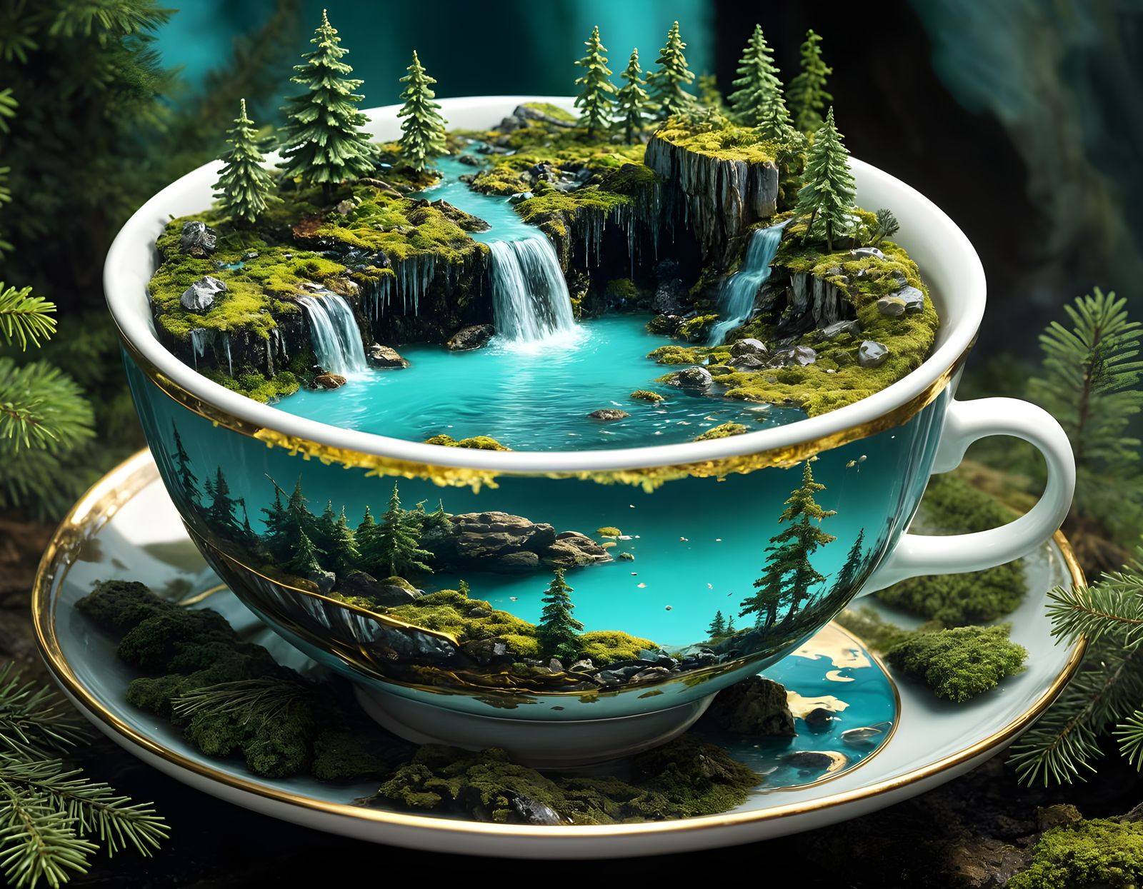 Whimsical Boreal Forest Scene Inside an Elegant Teacup