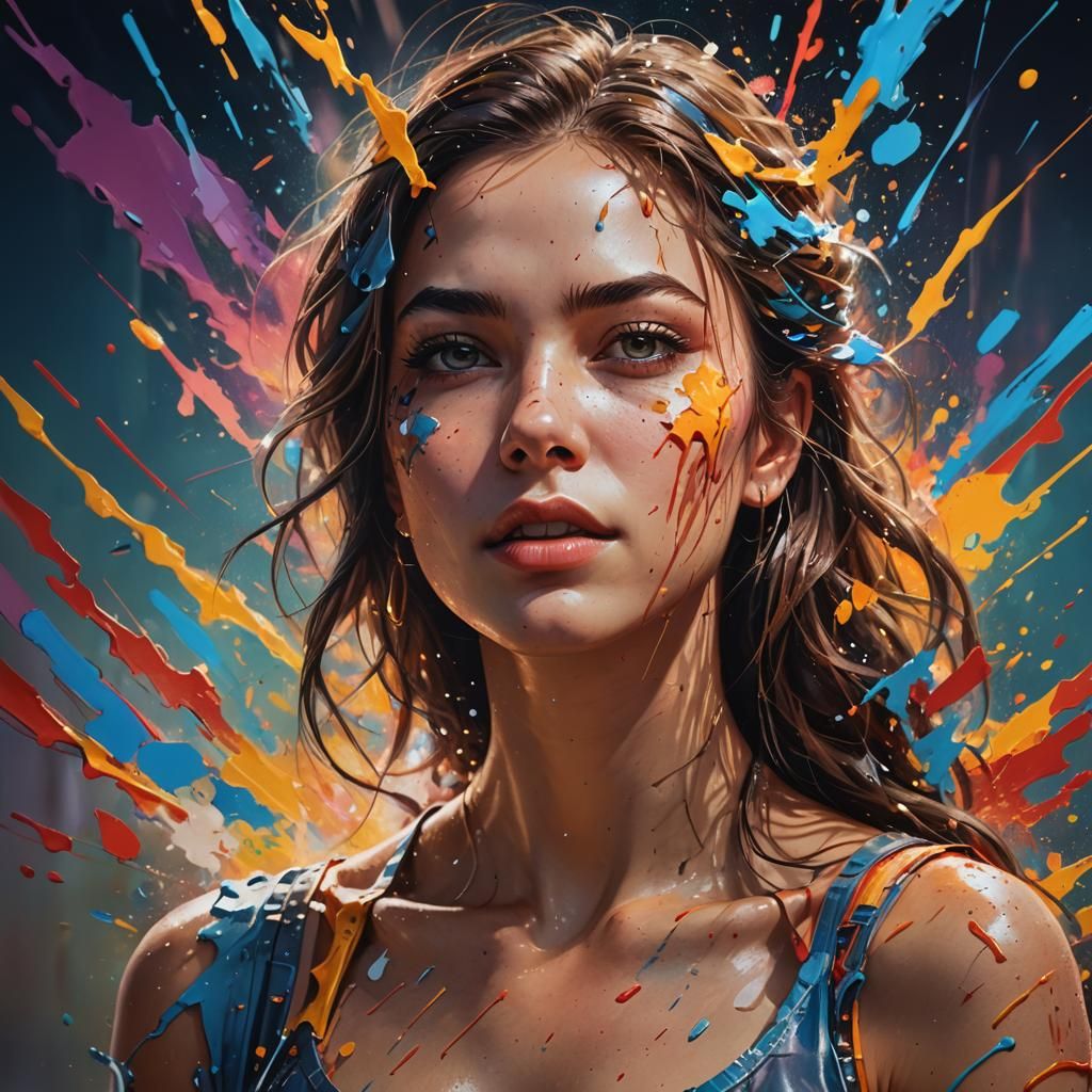 Woman Embracing Freedom in Hyperrealistic Splash Art