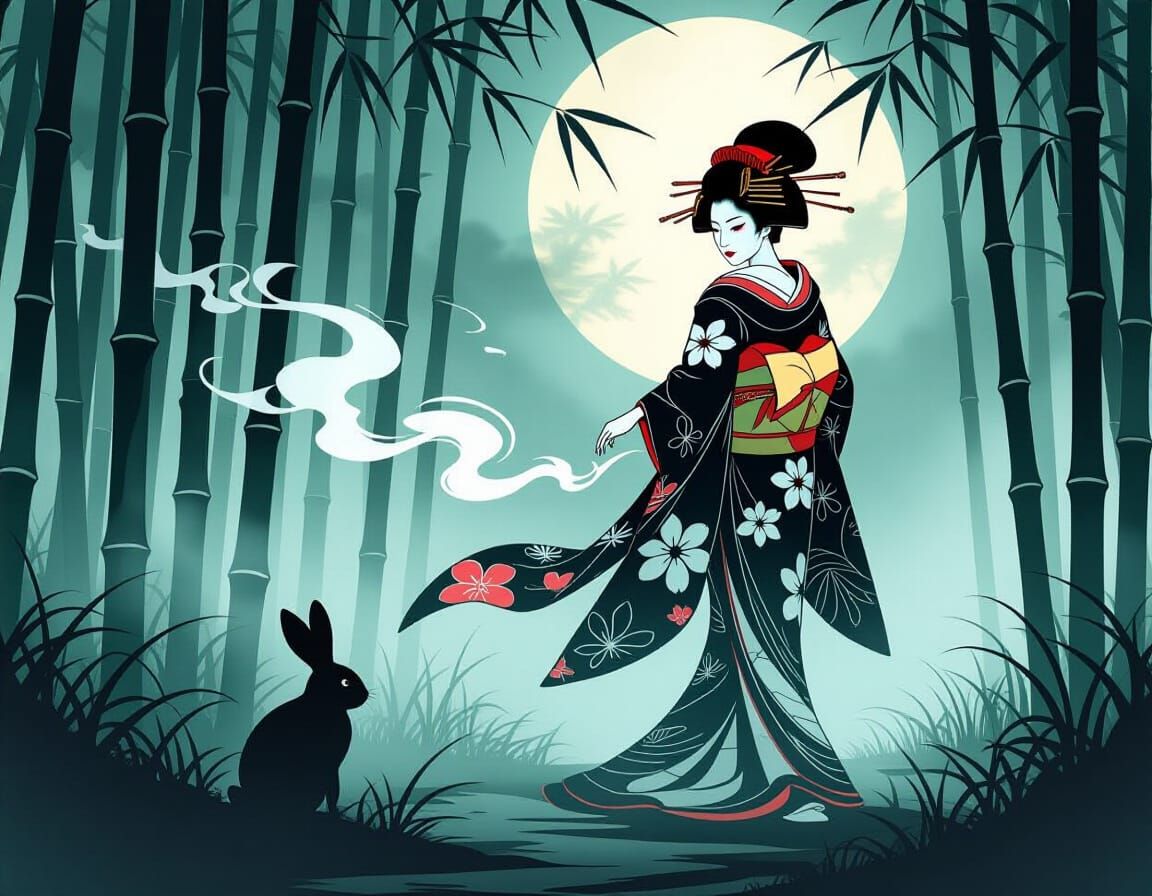 Spectral Geisha and Rabbit in Ethereal Bamboo Grove