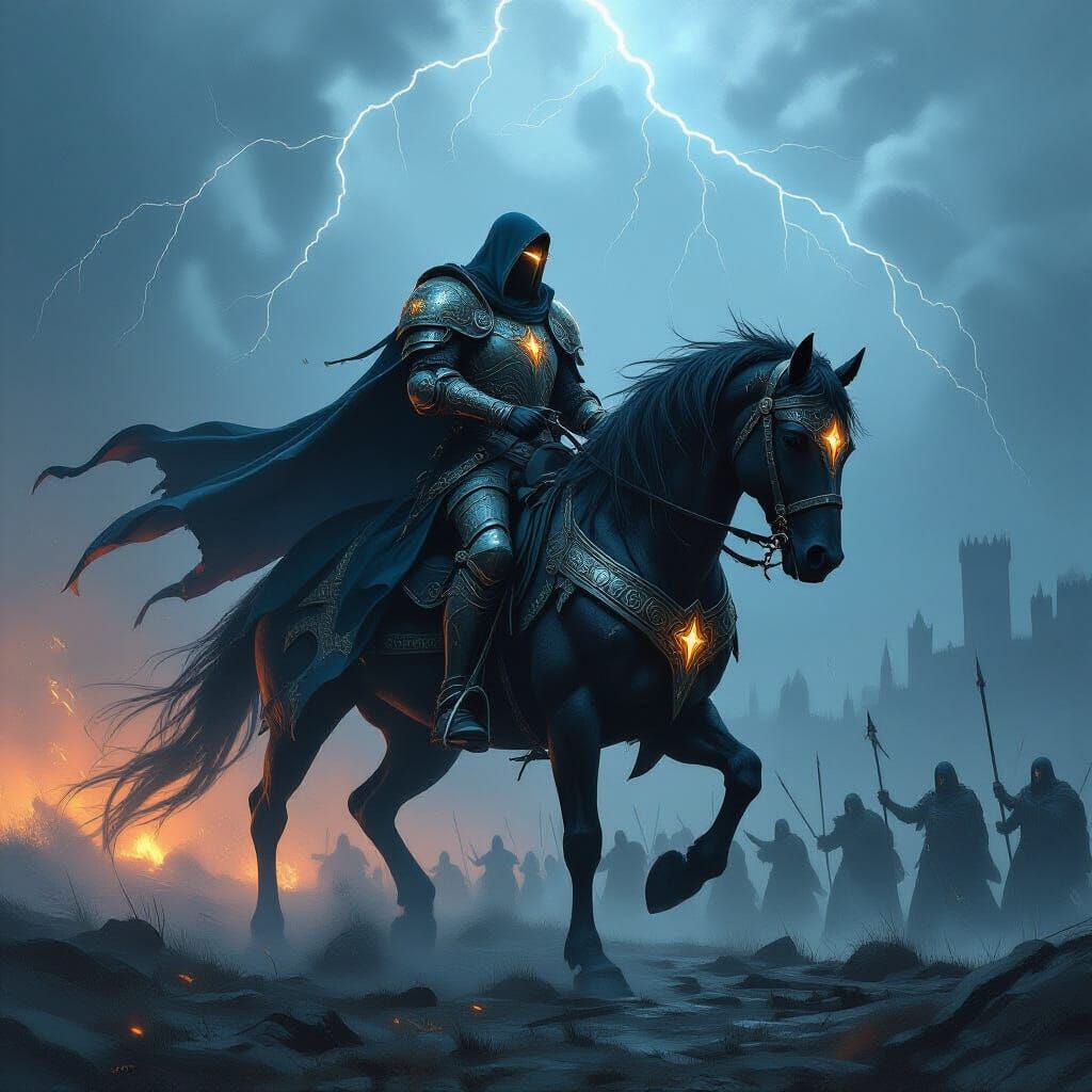 Knight on Spectral Steed in Stormy Battlefield