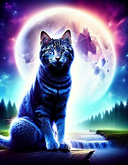 Double Exposure: Cat Basking in Moon's Glow
