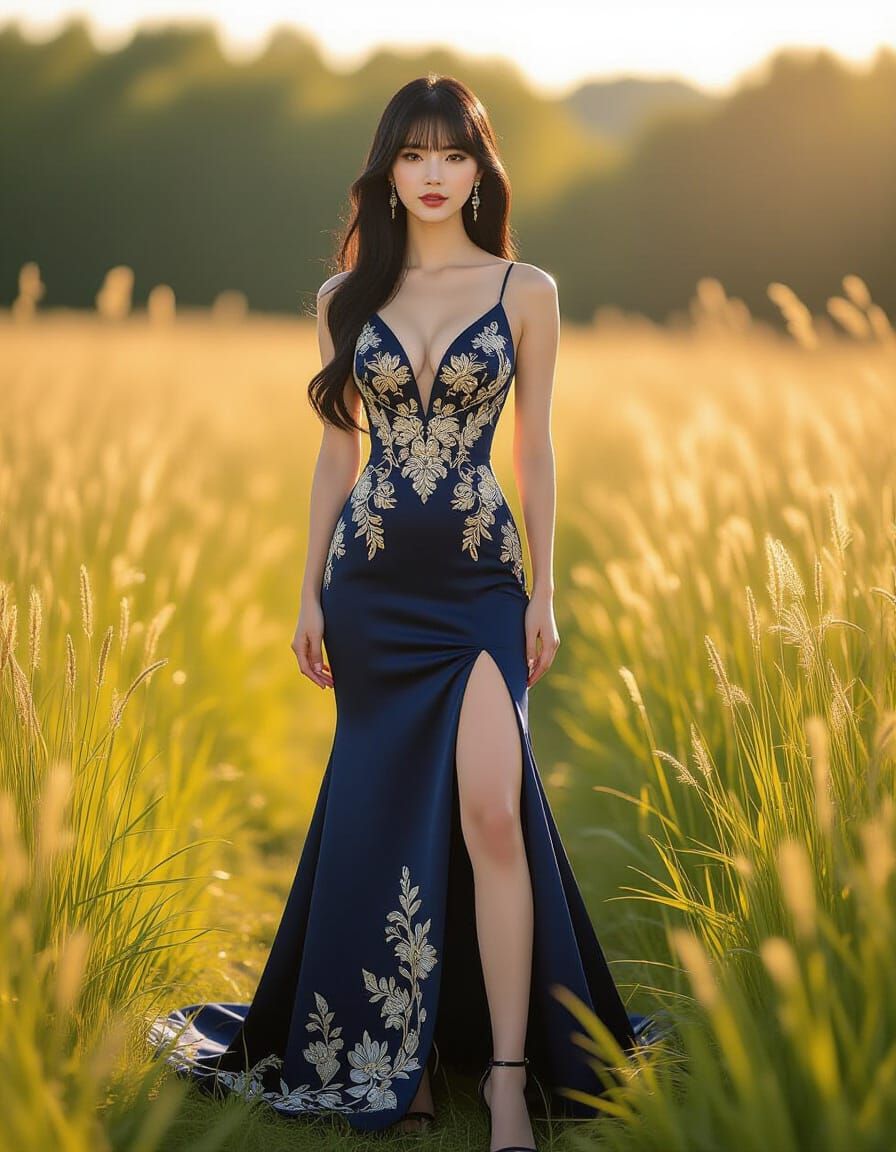 East Asian Woman in Gown in Sunlit Meadow