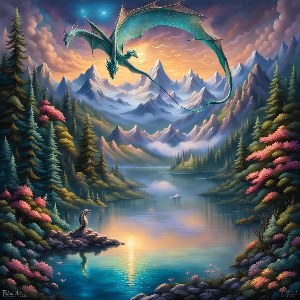 Dragon Gliding Over Lake at Night, Splash Art