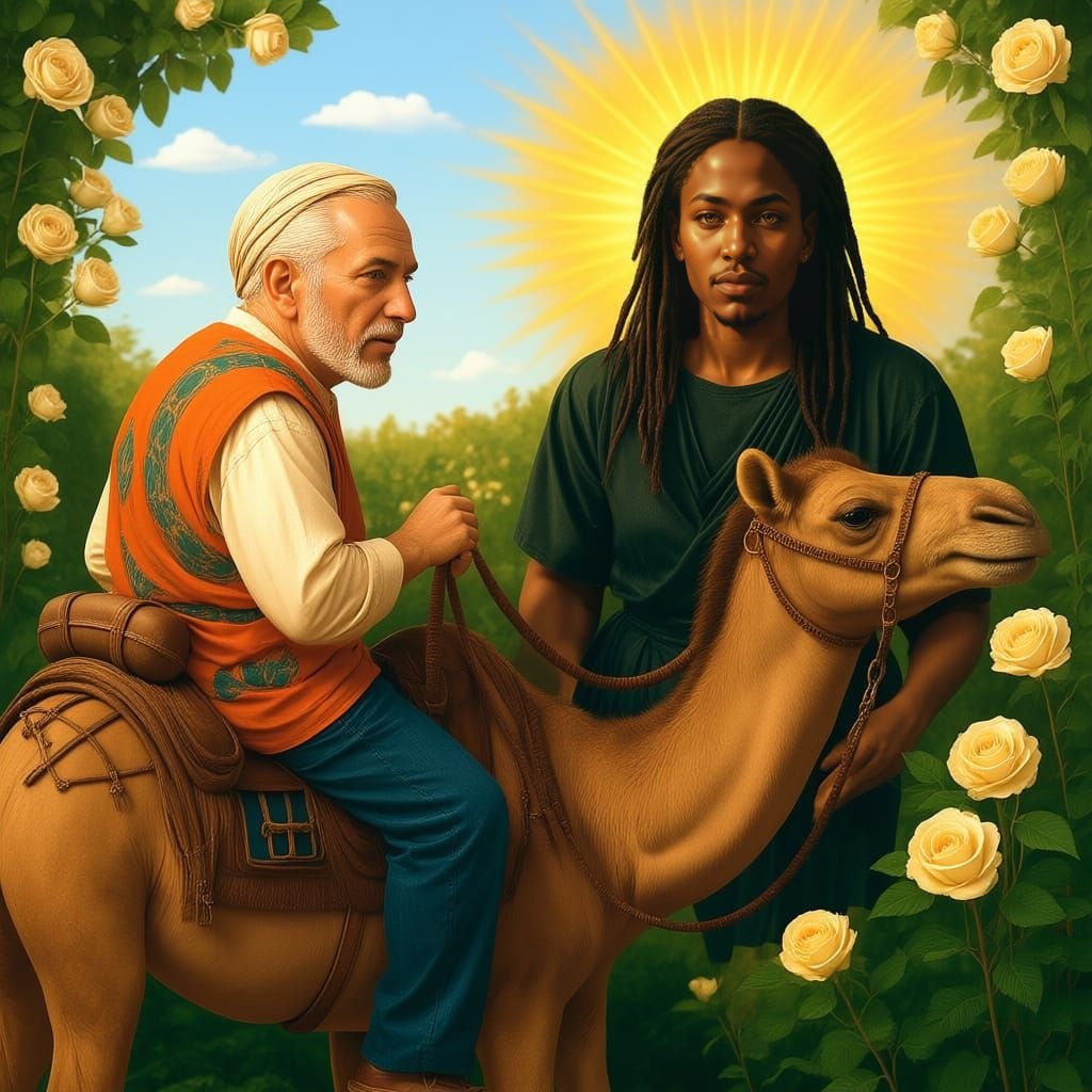 Trucker on Camel Encounters Spirit in Rose Garden