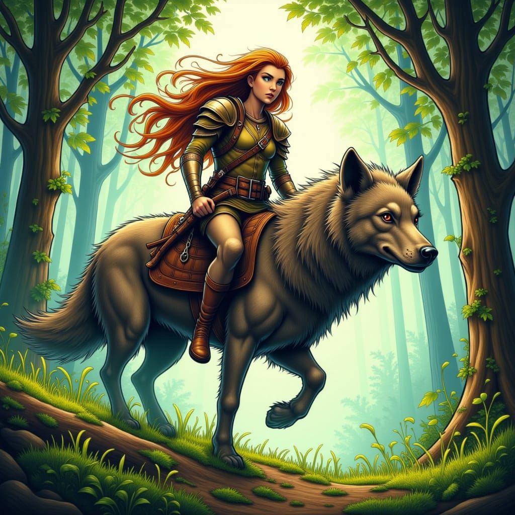Elf Riding Wolf Through Forest in Classic Illustration Style