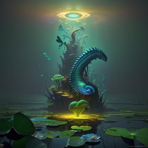 Bioluminescent Swamp: Ammonite Alligator-Dragonfly in 3D
