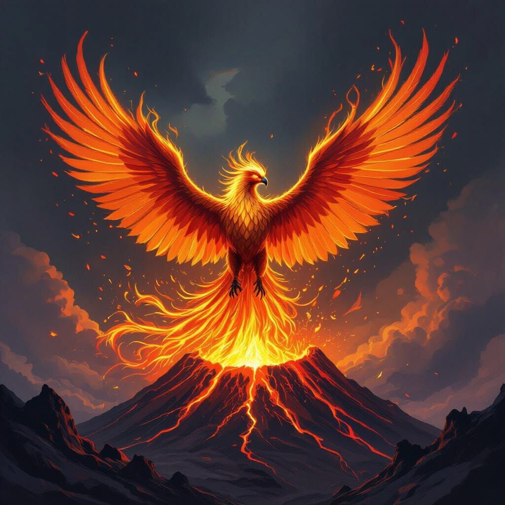 Fiery Eagle Phoenix Erupts from Volcano in Painterly Style