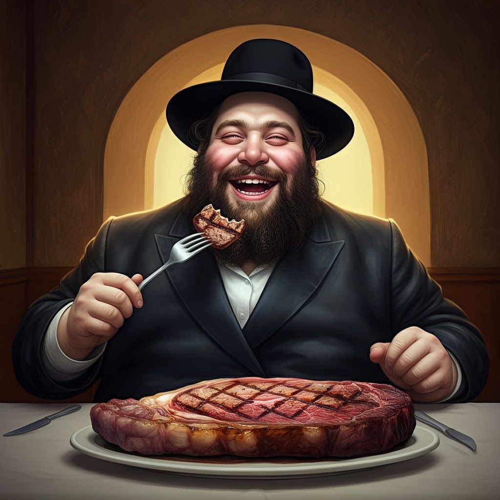 Joyful Man Enjoys Steak in Comic Book Style