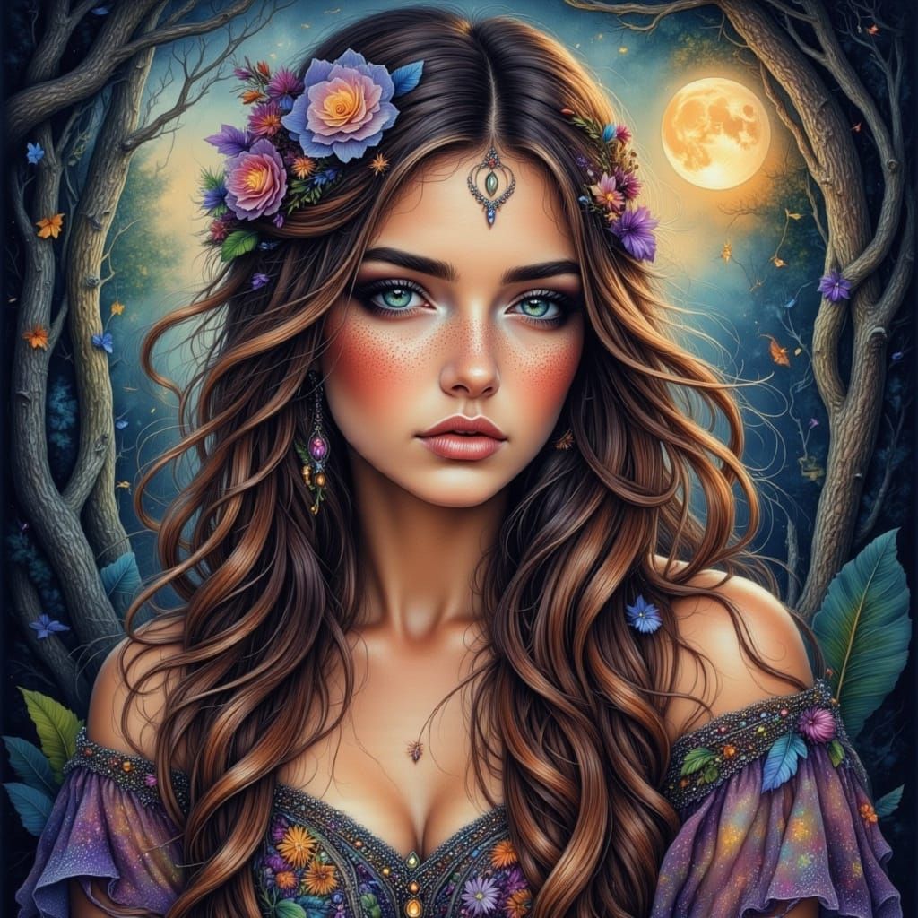 Ethereal Bohemian Goddess Under Glowing Moonlight