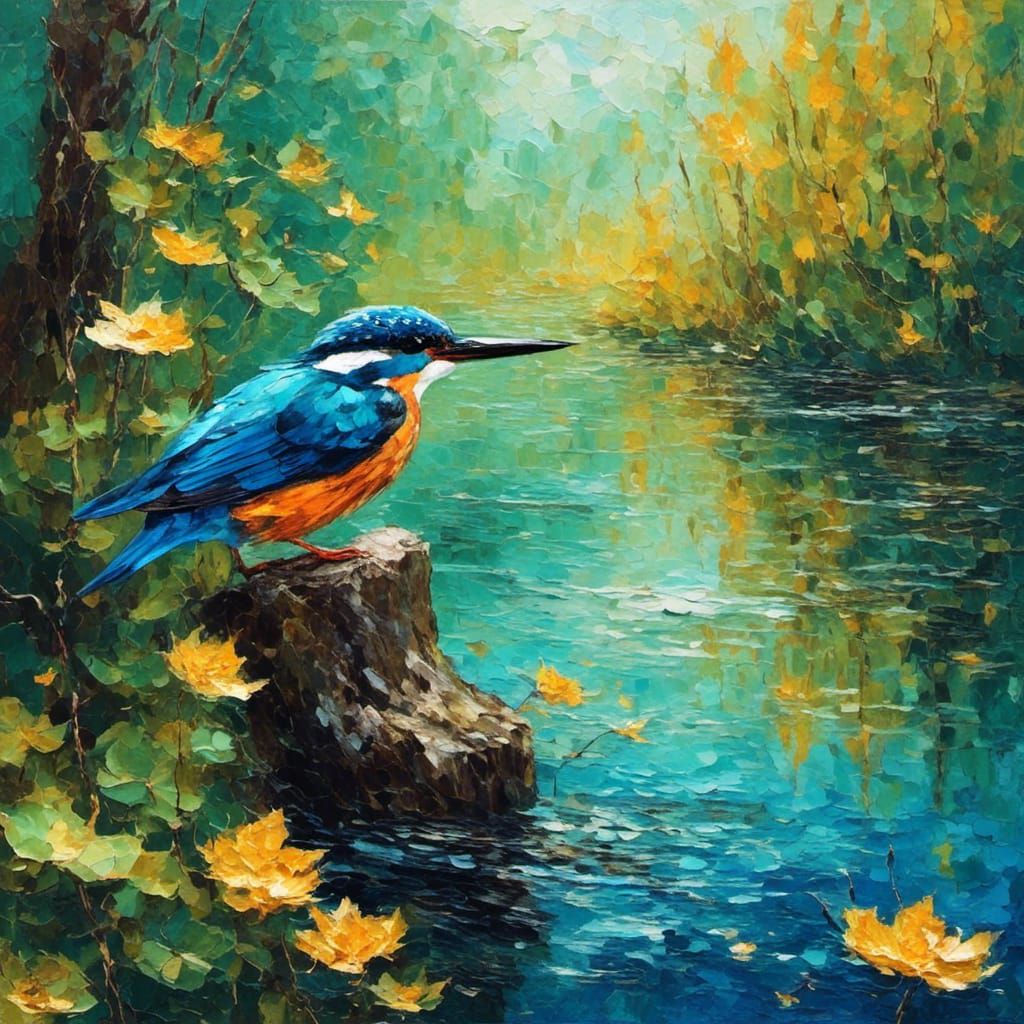 Kingfisher Bird Hunting: Neo-Impressionistic Oil Painting