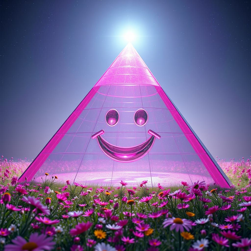 Surreal Pink Pyramid Blooms in Whimsical Starlit Meadow