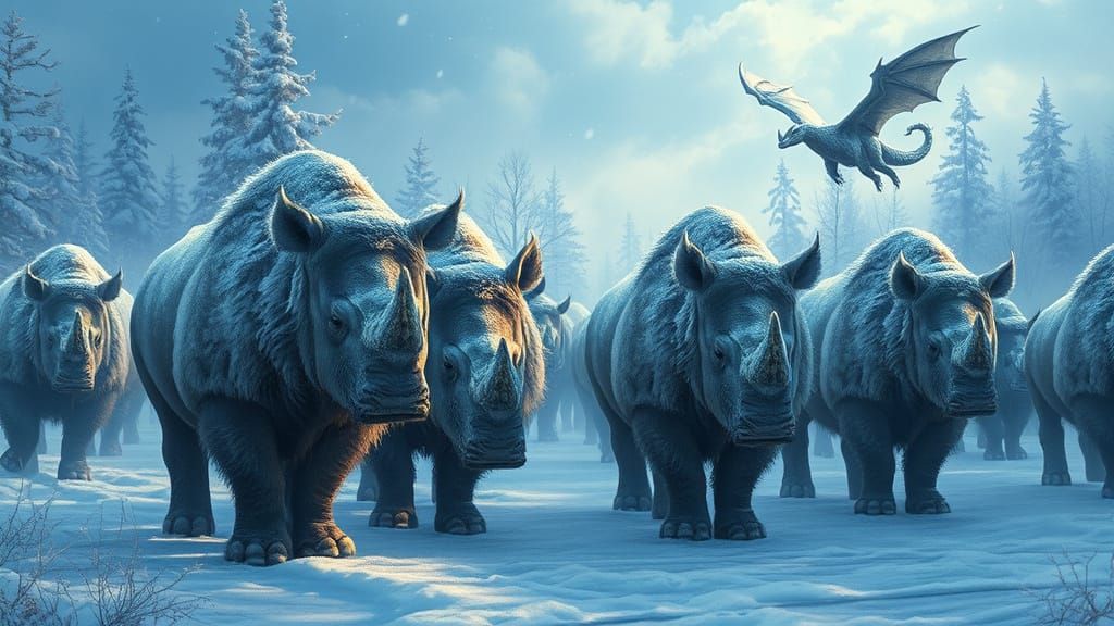 Woolly Rhinoceros Herd with Flying Icedragon in Dreamy Lands...