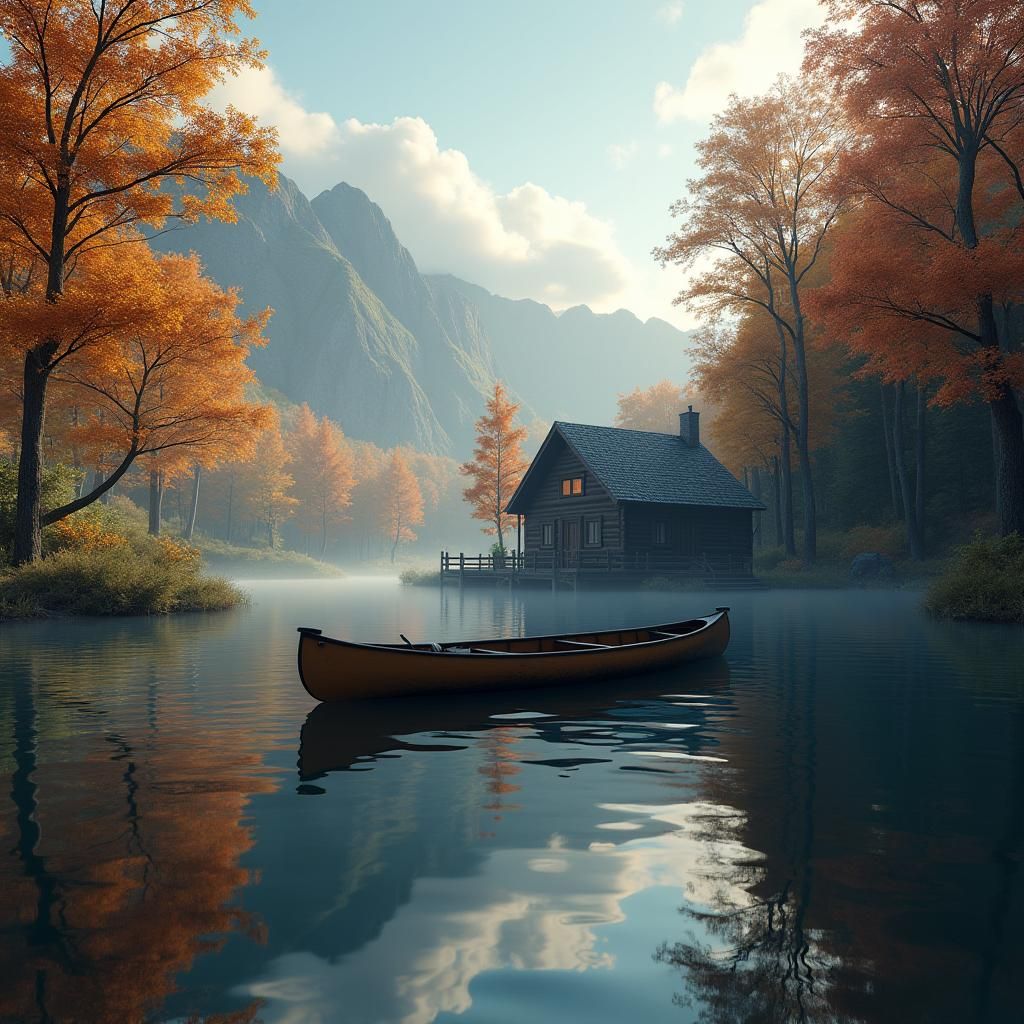 Autumn Lake Canoe and Cabin: Detailed Matte Painting