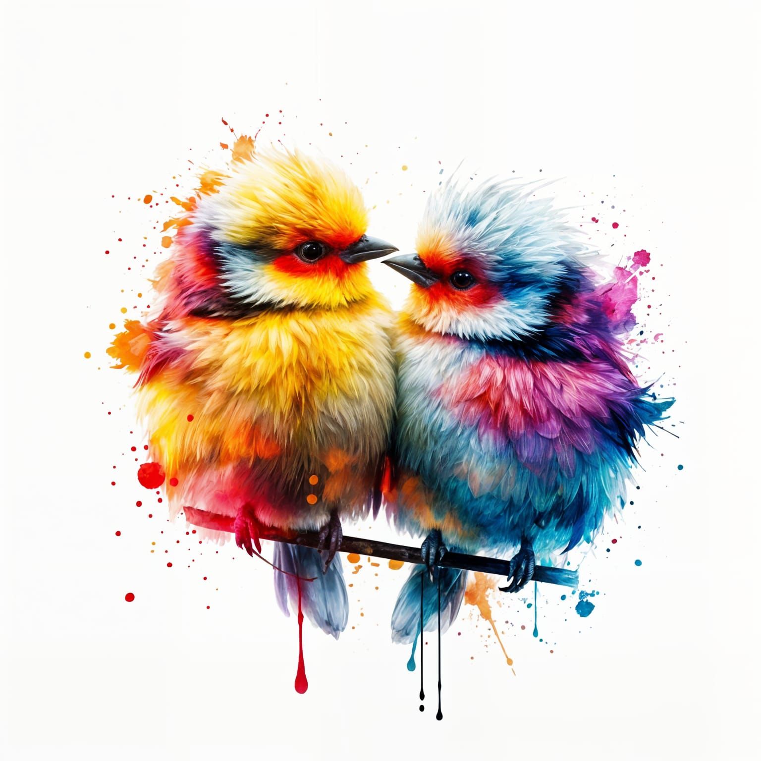 Vibrant Lovebirds in Double Exposure Ink Splatter Art