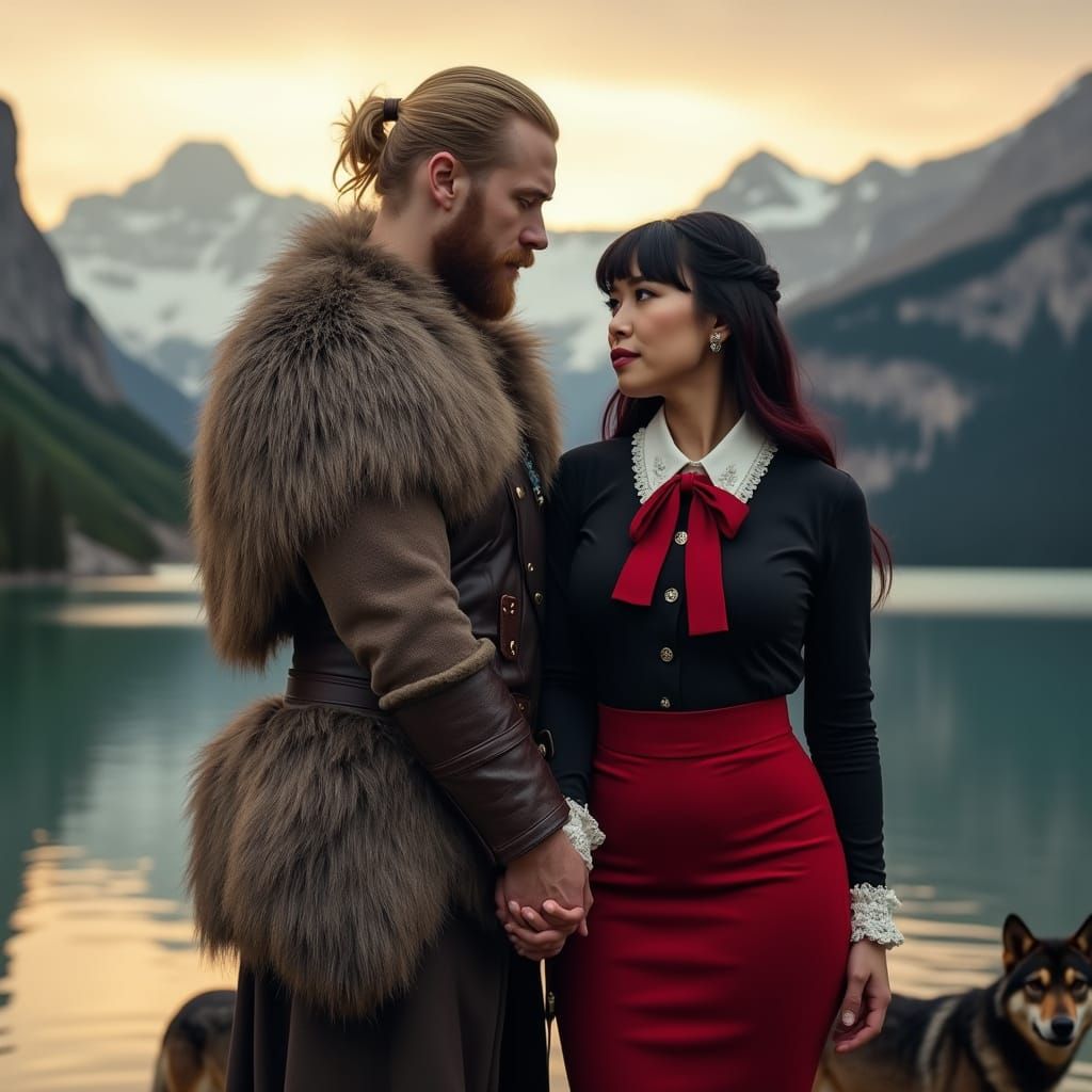 Viking Couple and Wolves by a Lake at Sunset