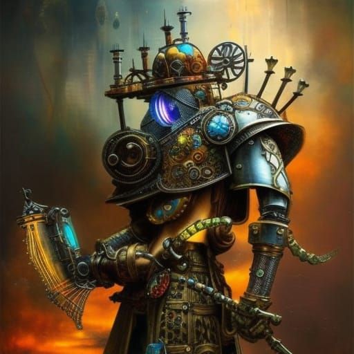 Steampunk Knight with Rainbow Smoke, Detailed Mechanical Arm...