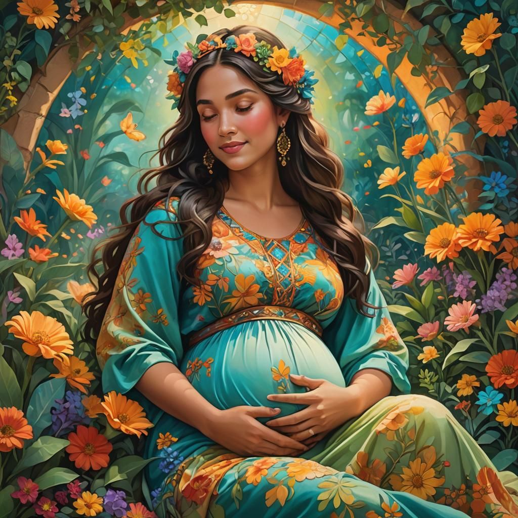 Pregnant Woman in Magical Encanto Setting