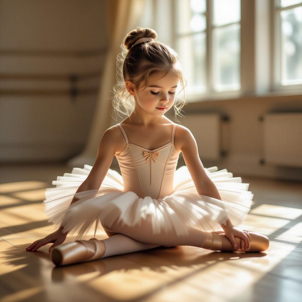 Young Ballerina Stretching in Sunlit Studio