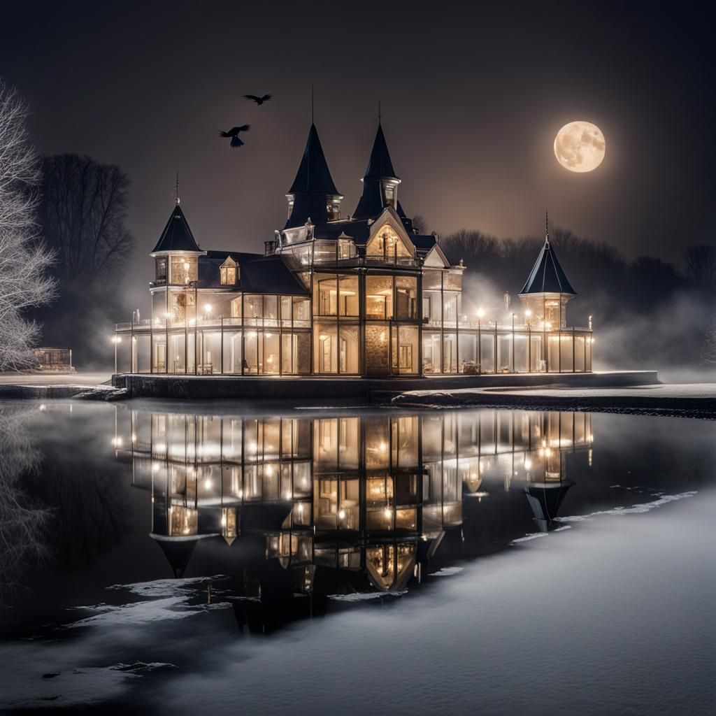 Fairytale Crystal Glasshouse Castle in Winter Night