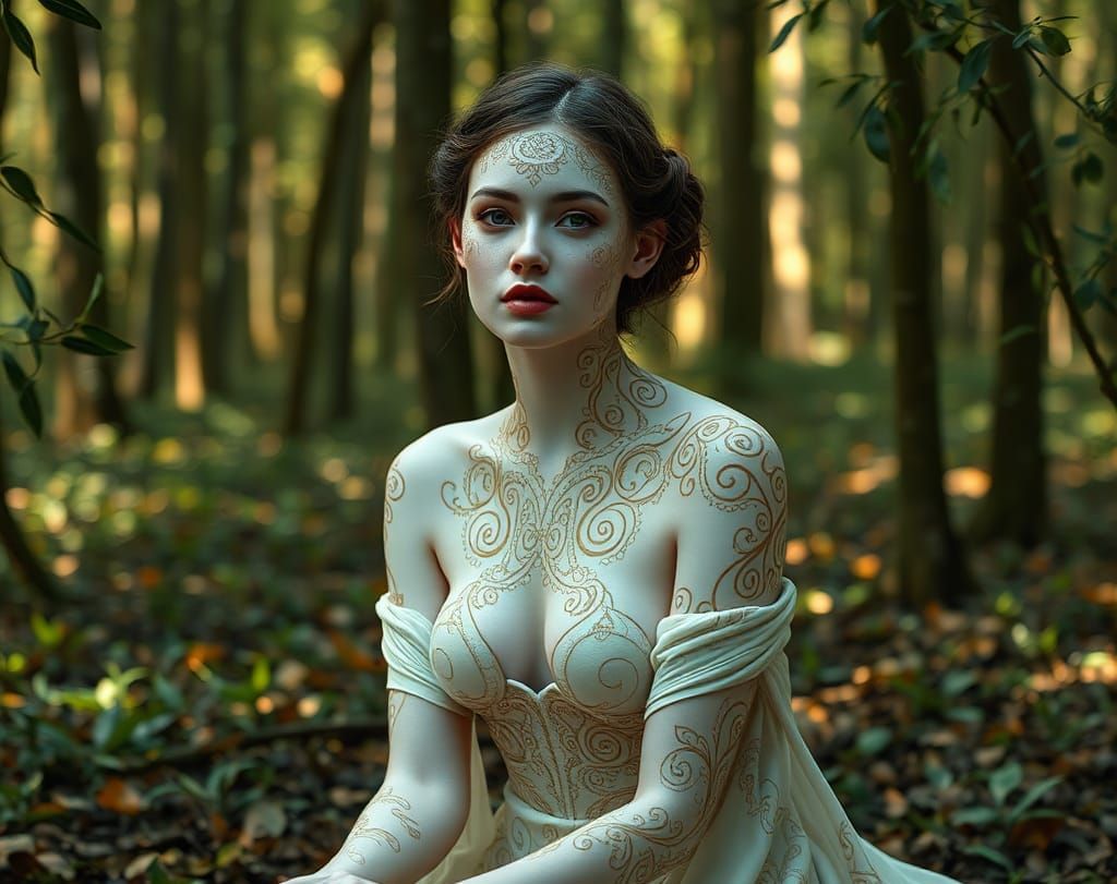 Olive Seed Gown in Forest, Hyperdetailed Portrait