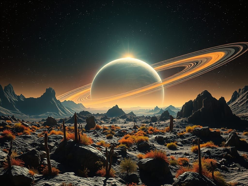 Dramatic Exoplanet Landscape with Rings and Cosmic Sky