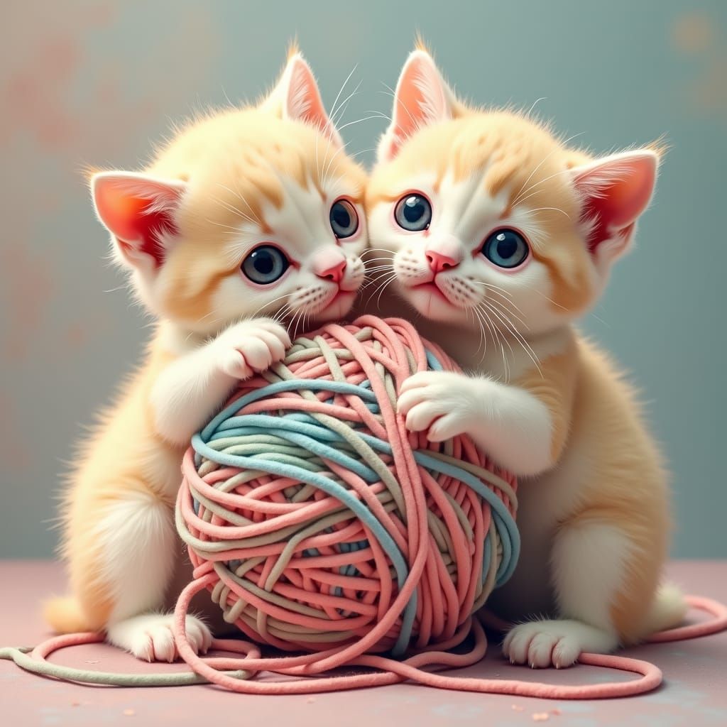 Pastel Kittens Play with Multicolored Yarn