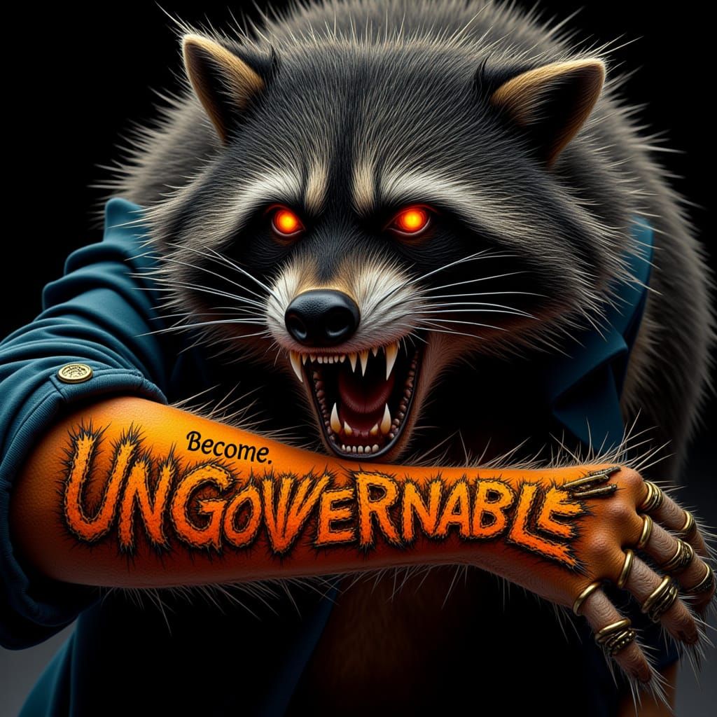 Raccoon Attacks Blue Suit Arm with Gold Rings