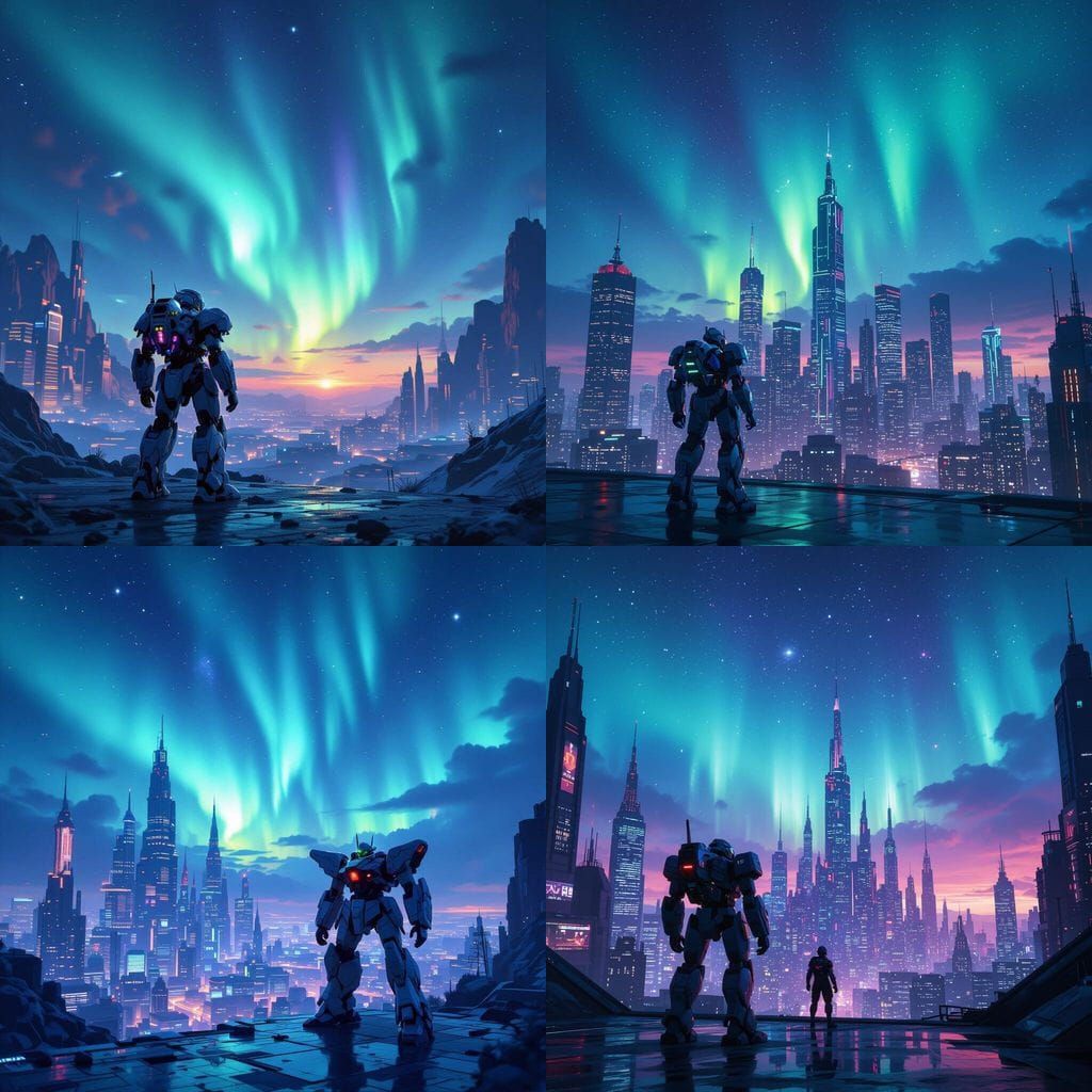 Futuristic City Under Aurora Sky with Mecha
