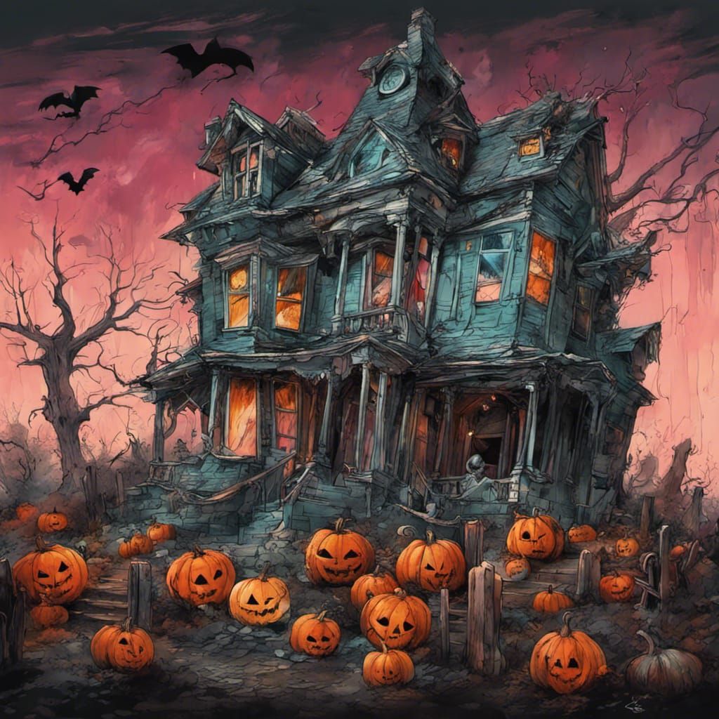Creepy Halloween House with Graveyard, Matte Painting