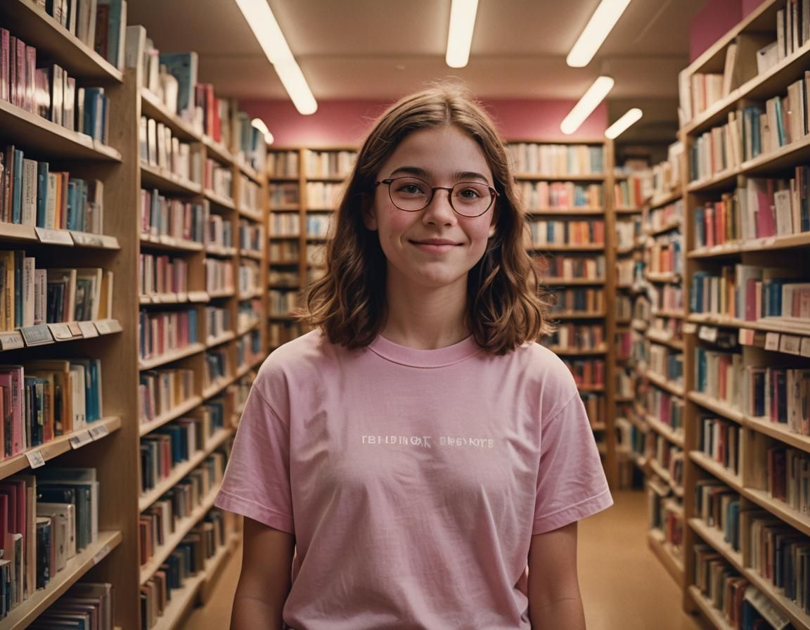 Girl in Bookstore: Cinematic Film Still Portrait