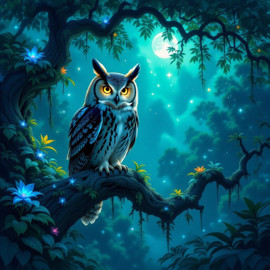 Majestic Owl in Bioluminescent Jungle, Dark Fantasy Art