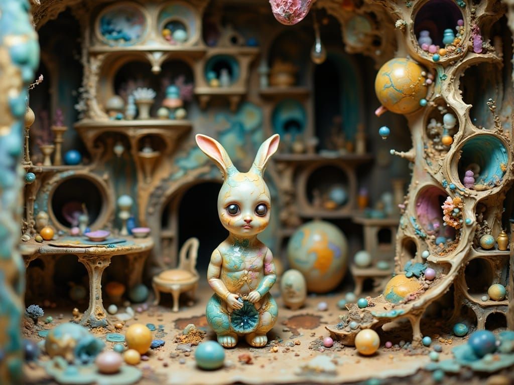 Surreal Melting Dollhouse with Existential Bunny