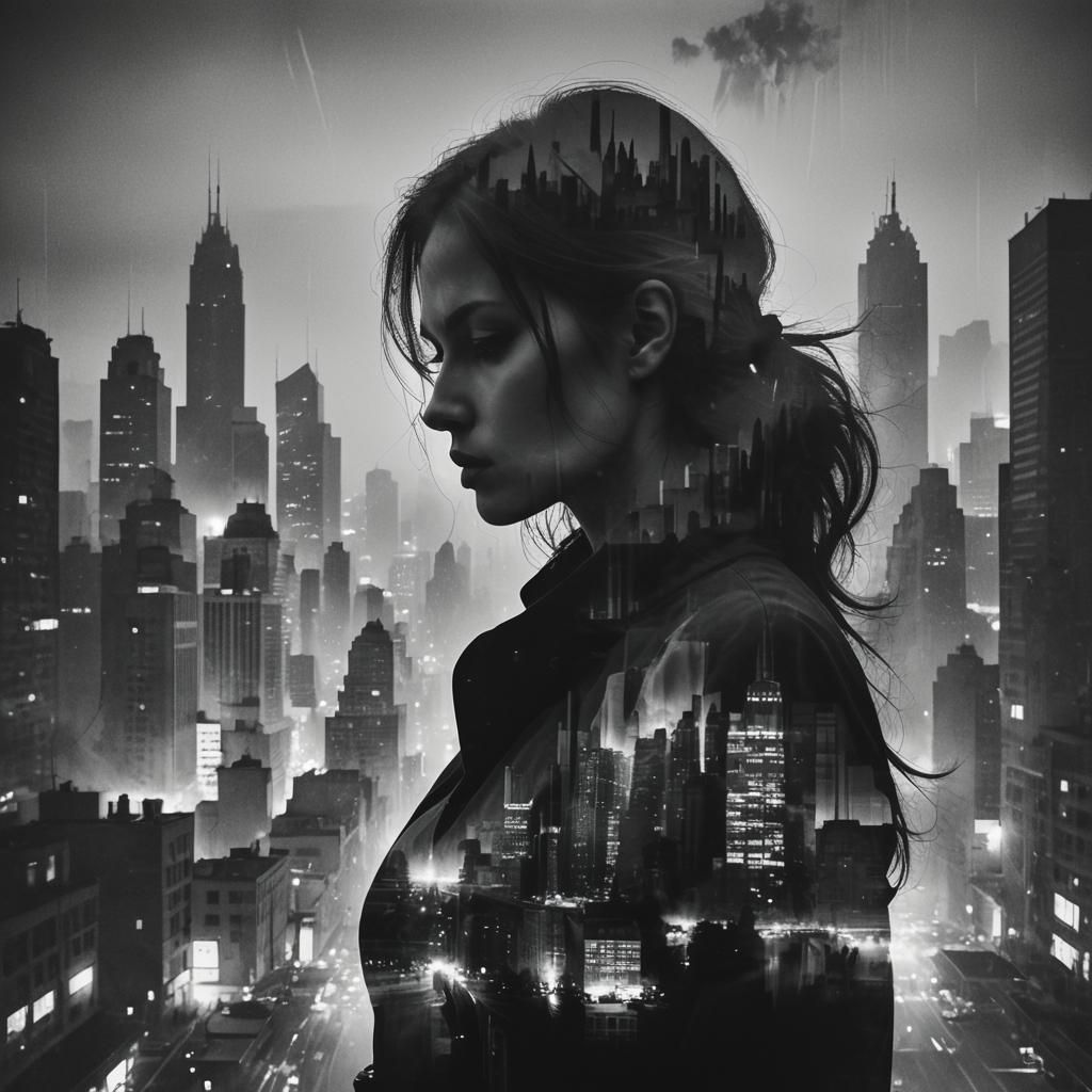 Monochromatic Cityscape Silhouette Woman